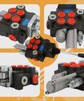 JAHEZYAN 2-spool hydraulic control valve with float, 11 GPM, for log splitters and tractors; front/side views