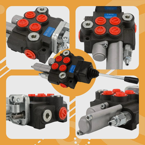 JAHEZYAN 2-spool hydraulic control valve with float, 11 GPM, for log splitters and tractors; front/side views