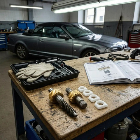 Upgrade Your Ride With This Ultimate Convertible Top Latch Motor Gear Repair Kit That Swaps Out Worn Plastic Helical Gears For Durable Steel Parts To Fix E46 And E64 Roof Issues Fast, steel gears and spacers on workbench