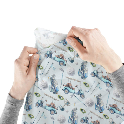 Unisex Baby Changing Pad Cover Cozy Soft Breathable Stretch Fabric 32x16 Inches Golf Themed Watercolor Blue Pattern being stretched in hands