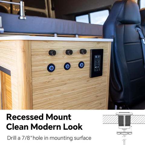 Built Tough 12 Volt Light Dimmer PWM Switch For RV And Boat featuring sleek blue backlight on recessed mount wood panel.