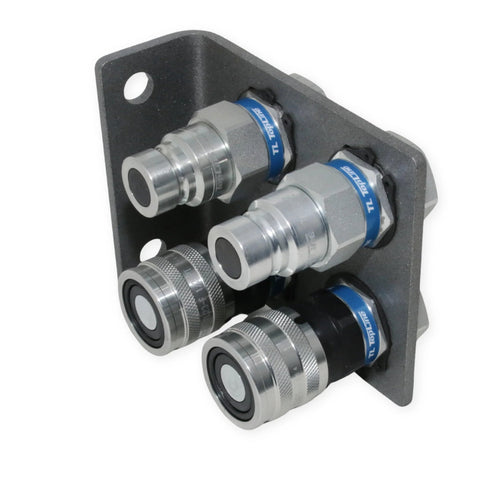 Hydraulic quick-connect coupler set with four flat-face 1/2" NPT fittings mounted on a steel plate; TL branding