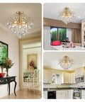 Crystal Chandelier Flush Mount Ceiling Light With Sparkling Glass Crystals Glam Gold Finish Modern Fixture in different rooms.