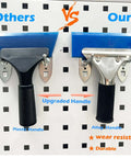 Window tint tools: two scrapers with blue pads, plastic and alloy handles, mounted on pegboard
