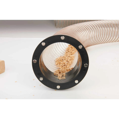 Heavy Duty 4 Inch Magnetic Hose Connector With Slick Rare Earth Magnet Grip For Hella Easy Quick Swap Hookups To Industrial Machine Couplings showing connector end with wood shavings.