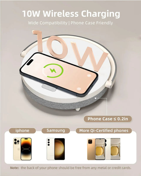 4 In 1 Bedside Lamp With Bluetooth Speaker Dimmable Night Light Charging Station And Phone Holder on white surface.