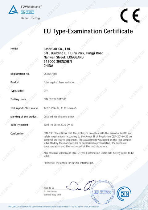EU Type-Examination Certificate for Heavy Duty Laser Safety Glasses For Tattoo Removal Showing Foolproof Od5 Plus Protection