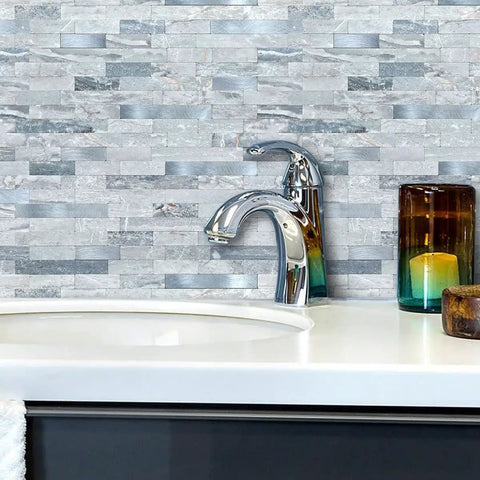 Ten Sheets Peel And Stick No Mess Install Backsplash Subway Tile For Kitchen Fireplace And Bathroom Stone Look Marble Gray Blue Real Textured PVC