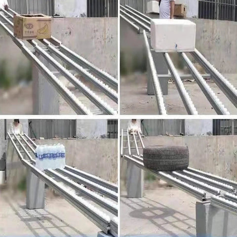 Light Duty Skate Wheel Conveyor Rail With Abs Roller Flow Rack and Spliceable Stainless Steel Frame moving various packages and a tire.