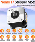 Front view of Nema 17 stepper motor with silver front plate, black housing, exposed shaft, 4-wire connector