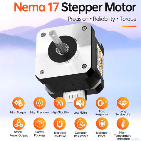 Front view of Nema 17 stepper motor with silver front plate, black housing, exposed shaft, 4-wire connector