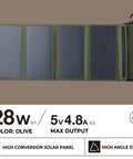 Portable Solar Panel With Foldable 4 Panel Design, 28W Charging Power, Olive color with specs and features.