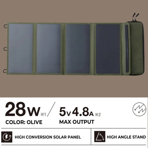 Portable Solar Panel With Foldable 4 Panel Design, 28W Charging Power, Olive color with specs and features.