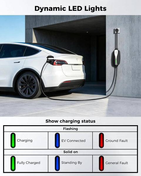 Portable Level 1 And 2 Tesla Charger With ETL Certification, NACS EV Charging Cable, charging status on Model 3.