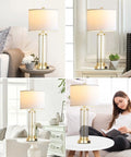 Touch Control Table Lamp Set Of 2 With USB Ports, 3 Way Dimmable Nightstand Lamps In Cream Fabric Shade in living room.
