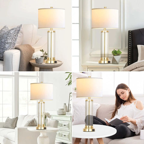 Touch Control Table Lamp Set Of 2 With USB Ports, 3 Way Dimmable Nightstand Lamps In Cream Fabric Shade in living room.