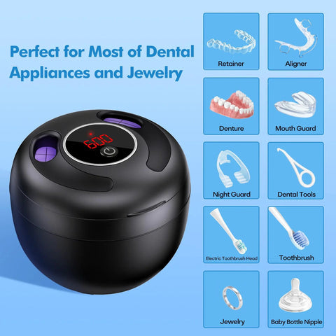Ultrasonic Retainer Cleaner 45kHz 200ml For Dentures Braces Night Guards Jewelry with digital display and cleaning options.