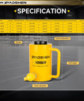 HYADSHEN yellow hydraulic bottle jack with black top cap and side handle for lifting heavy equipment