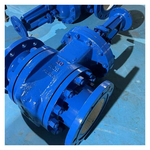 Blue DN100 gate valve with flanged ends and bolted flanges, side view