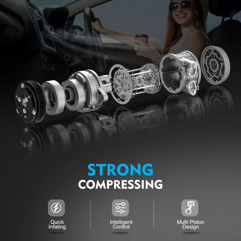 Heavy Duty Universal AC Compressor With Clutch Included For Quick Car Cooling Fixes Built Tough With Cast Aluminum Housing And Pregfilled PAG Oil Super Smooth Plug And Play Swap, detailed internal components layout.