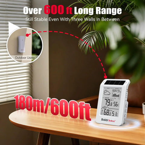 Wireless Weather Station With Dual Zone Indoor Outdoor Monitor For Home And Kids Room 100m Range Temp Humidity Barometric Trend Visualization Auto Backlight Easy Setup White And Orange displayed on table next to plant with 600 ft range text