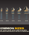 Front view of DeWALT 5-piece countersink drill bit set; sizes 1/4–3/4 in, gold countersink heads.