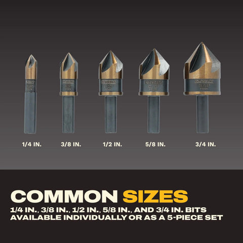 Front view of DeWALT 5-piece countersink drill bit set; sizes 1/4–3/4 in, gold countersink heads.