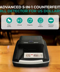Pro Grade Counterfeit Bill Detector for US Dollars with multi method verification on table showing analysis features.