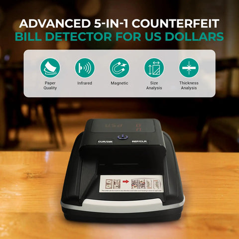 Pro Grade Counterfeit Bill Detector for US Dollars with multi method verification on table showing analysis features.