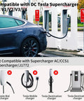 Nacs To Ccs1 Adapter For Tesla Supercharger delivering two fifty kilowatts lightning fast charging for your electric ride compatible with Fords GM Hyundai Kia Rivian vehicles V3 V4 stations in use with a Tesla car.
