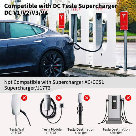 Nacs To Ccs1 Adapter For Tesla Supercharger delivering two fifty kilowatts lightning fast charging for your electric ride compatible with Fords GM Hyundai Kia Rivian vehicles V3 V4 stations in use with a Tesla car.