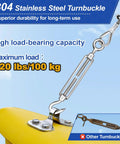 Heavy Duty One Eighth Inch Stainless Steel Wire Rope Kit That Works Like A Workhorse With One Hundred Feet Of Seven By Seven Cable M6 Turnbuckles, featuring high load-bearing 304 stainless steel turnbuckle, 220 lbs capacity.