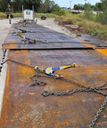 Two Pack Heavy Duty Ratchet Chain Binders 5/16 to 3/8 Inch With Swivel Grab Hooks And 5400 Lb Working Load Limit securing metal sheets on flatbed trailer