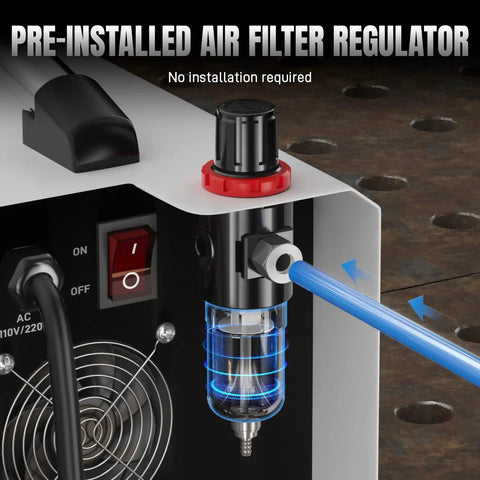 Plasma Cutter 55A Non HF Non Touch Pilot Arc 4 In 1 with pre-installed air filter regulator, close-up view