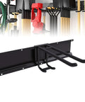 Close-up of Beefy Garage Wall Storage Kit with heavy alloy steel rail and hooks for tools