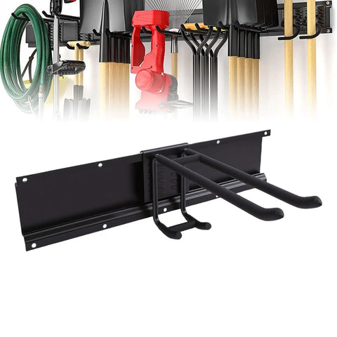 Close-up of Beefy Garage Wall Storage Kit with heavy alloy steel rail and hooks for tools