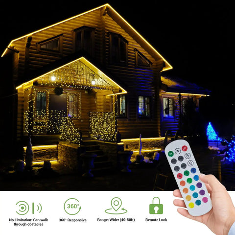 Illuminated house with 49.2ft Smart LED Outdoor Rope Light With Music Sync RGB, App Control And RF Remote, exterior decor at night