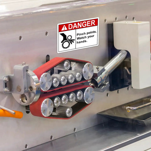 Pinch Point Danger Labels 50 Pcs, 5 X 3.5 Inch Durable PET Vinyl Safety Stickers, OSHA Compliant Warning Decals on machinery.