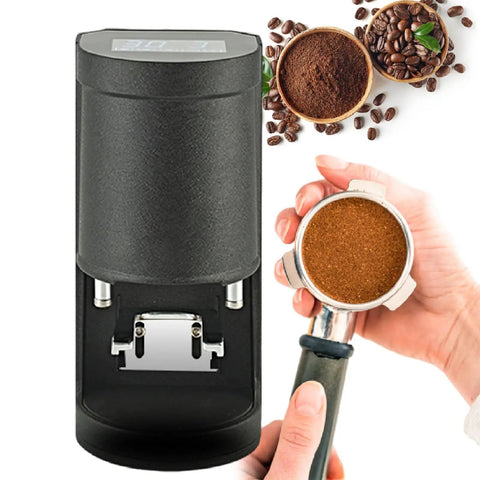 Straight Up Automatic Espresso Tamper 58mm Coffee Press with Digital Touchscreen next to ground coffee and portafilter.