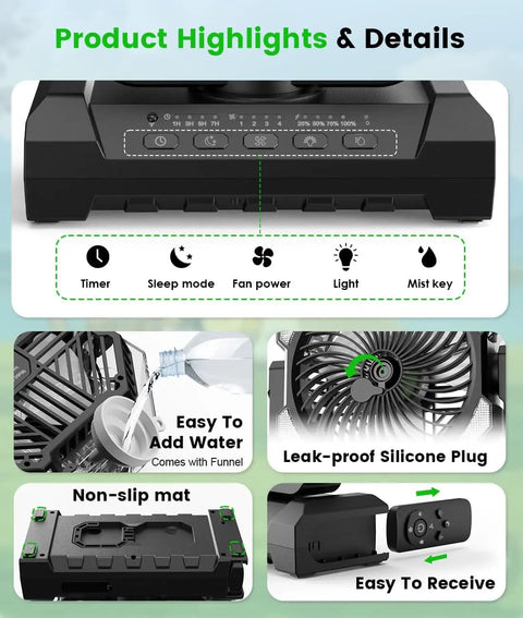 Camping Misting Fan With 24000mAh Battery, 9oz Water Tank, Built In Light, Hook Mount features and easy-to-use design details