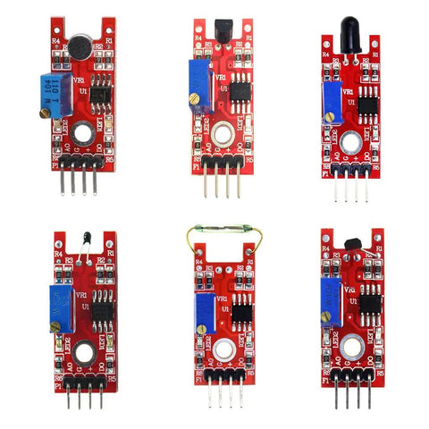 Top Shelf 35 In One Electronic Sensor Module Quickstart Box With Legit Wiring Harness showing six sensor modules for Arduino and Pi.