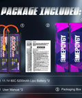 11.1V 3S 5200mAh 80C RC Battery With Beefy Hard Case And XT60 Connector For One Eighth And One Tenth Scale RC Cars And Trucks Dual Pack JST XHR Compatible High Discharge For Long Run Time package contents display