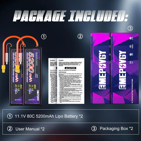 11.1V 3S 5200mAh 80C RC Battery With Beefy Hard Case And XT60 Connector For One Eighth And One Tenth Scale RC Cars And Trucks Dual Pack JST XHR Compatible High Discharge For Long Run Time package contents display