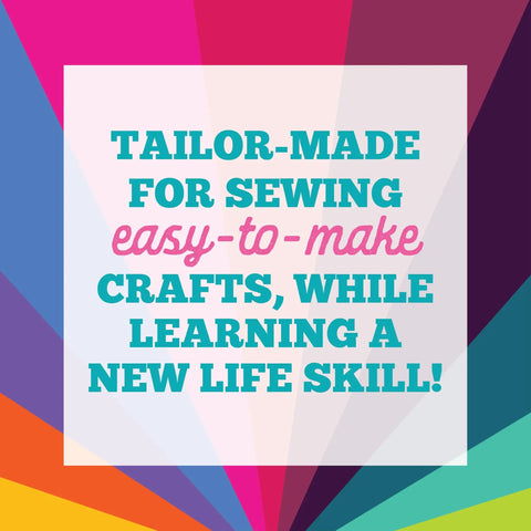 Colorful background with text promoting easy-to-make sewing crafts from Beginner Sewing Kit With Nine Fun Projects For Kids Ages Seven And Up