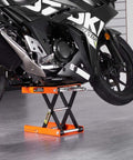 Motorcycle on Heavy Duty Motorcycle Lift With Wide Deck and 1100 Lbs Capacity, Scissor Jack With Safety Pin, Adjustable Height From 3.7 To 13.8 Inches