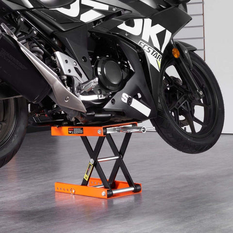 Motorcycle on Heavy Duty Motorcycle Lift With Wide Deck and 1100 Lbs Capacity, Scissor Jack With Safety Pin, Adjustable Height From 3.7 To 13.8 Inches