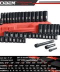 Beefed-Up Three Eighth Inch Drive Impact Socket Set With Forty Nine Pieces, on red case, includes extensions and adapters.