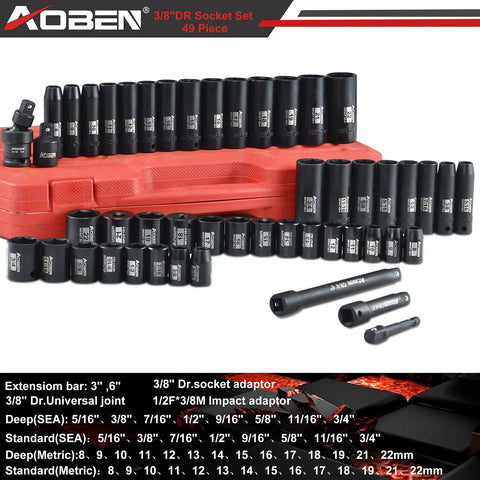 Beefed-Up Three Eighth Inch Drive Impact Socket Set With Forty Nine Pieces, on red case, includes extensions and adapters.