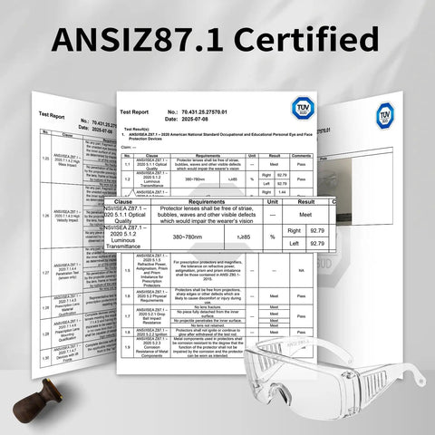 ANSI Z87.1 certified report and 12 Pack Over Eyeglasses Safety Goggles With Anti Fog And Scratch Resistant Lenses Eye Protection