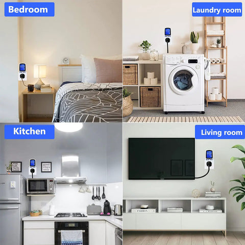 Power Meter Plug For Home Energy Monitoring With Backlit Display Tracks Watts Kilowatt Hours Volts Amps Hertz Power Factor Cost And Time Min Max Power 7 Display Modes Overload Protection used in bedroom kitchen laundry and living room